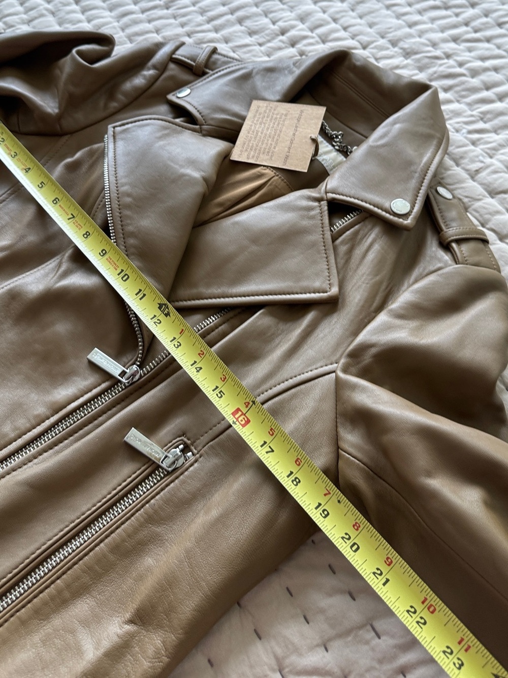 Michael Kors Women's Belted Leather Moto Coat Husk L NWT $480 - Picture 8 of 16